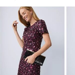 Floral Sequin and Beaded Shift Dress - Purple and Pink